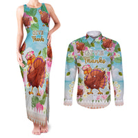 Hawaii Thanksgiving Couples Matching Tank Maxi Dress and Long Sleeve Button Shirt Funny Turkey Dabbing Dance LT05 Blue - Polynesian Pride