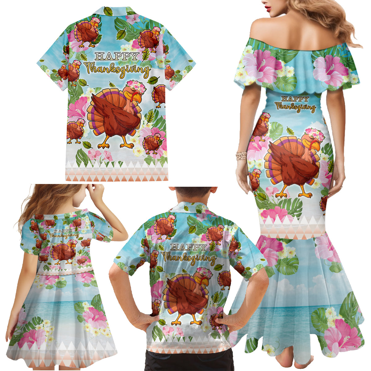 Hawaii Thanksgiving Family Matching Mermaid Dress and Hawaiian Shirt Funny Turkey Dabbing Dance LT05 - Polynesian Pride