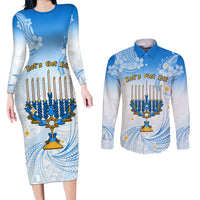Polynesia Hanukkah Festival Couples Matching Long Sleeve Bodycon Dress and Long Sleeve Button Shirt With Menorah Polynesian Style LT05 Blue - Polynesian Pride