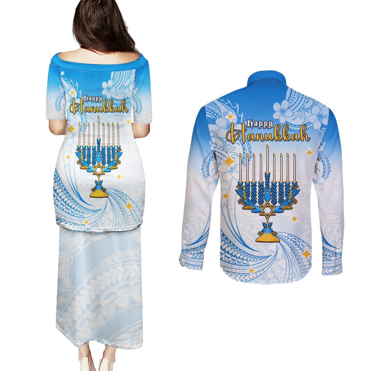 Polynesia Hanukkah Festival Couples Matching Puletasi Dress and Long Sleeve Button Shirt With Menorah Polynesian Style LT05 - Polynesian Pride