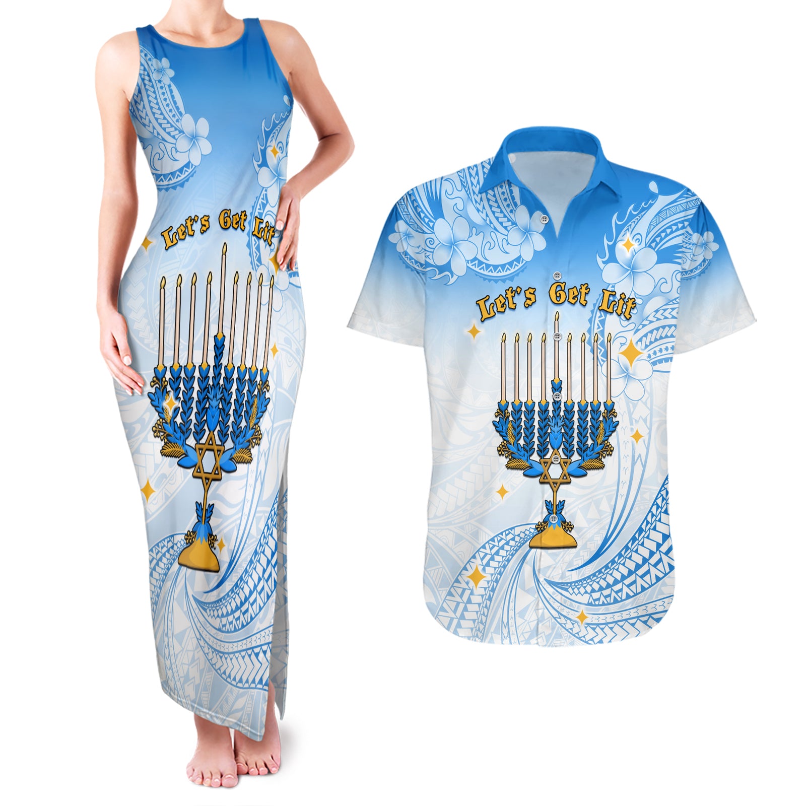 Polynesia Hanukkah Festival Couples Matching Tank Maxi Dress and Hawaiian Shirt With Menorah Polynesian Style LT05 Blue - Polynesian Pride
