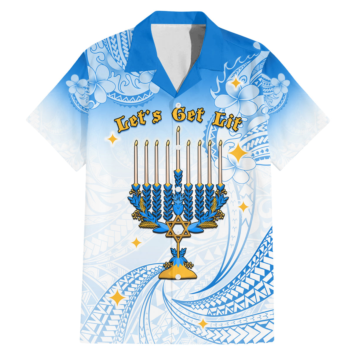Polynesia Hanukkah Festival Family Matching Mermaid Dress and Hawaiian Shirt With Menorah Polynesian Style LT05 Dad's Shirt - Short Sleeve Blue - Polynesian Pride