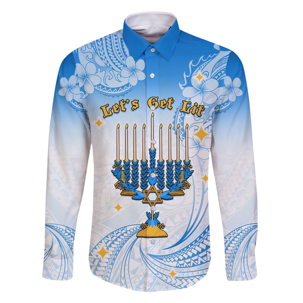 Polynesia Hanukkah Festival Family Matching Off Shoulder Long Sleeve Dress and Hawaiian Shirt With Menorah Polynesian Style LT05 Dad's Shirt - Long Sleeve Blue - Polynesian Pride