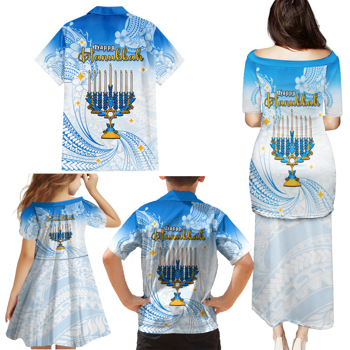 Polynesia Hanukkah Festival Family Matching Puletasi Dress and Hawaiian Shirt With Menorah Polynesian Style LT05 - Polynesian Pride