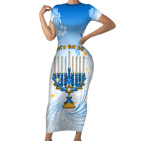 Polynesia Hanukkah Festival Family Matching Short Sleeve Bodycon Dress and Hawaiian Shirt With Menorah Polynesian Style LT05 Mom's Dress Blue - Polynesian Pride