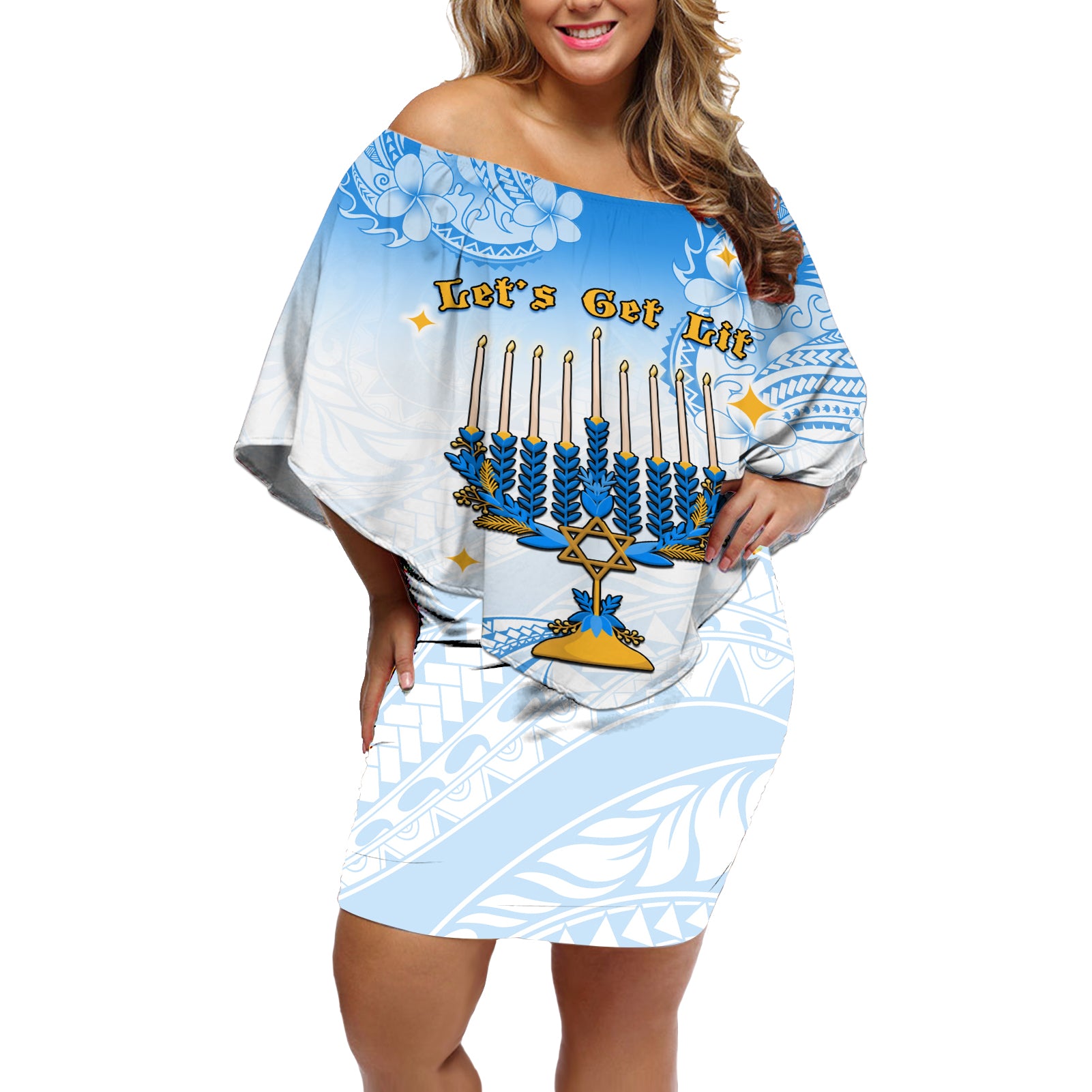 Polynesia Hanukkah Festival Off Shoulder Short Dress With Menorah Polynesian Style LT05 Women Blue - Polynesian Pride