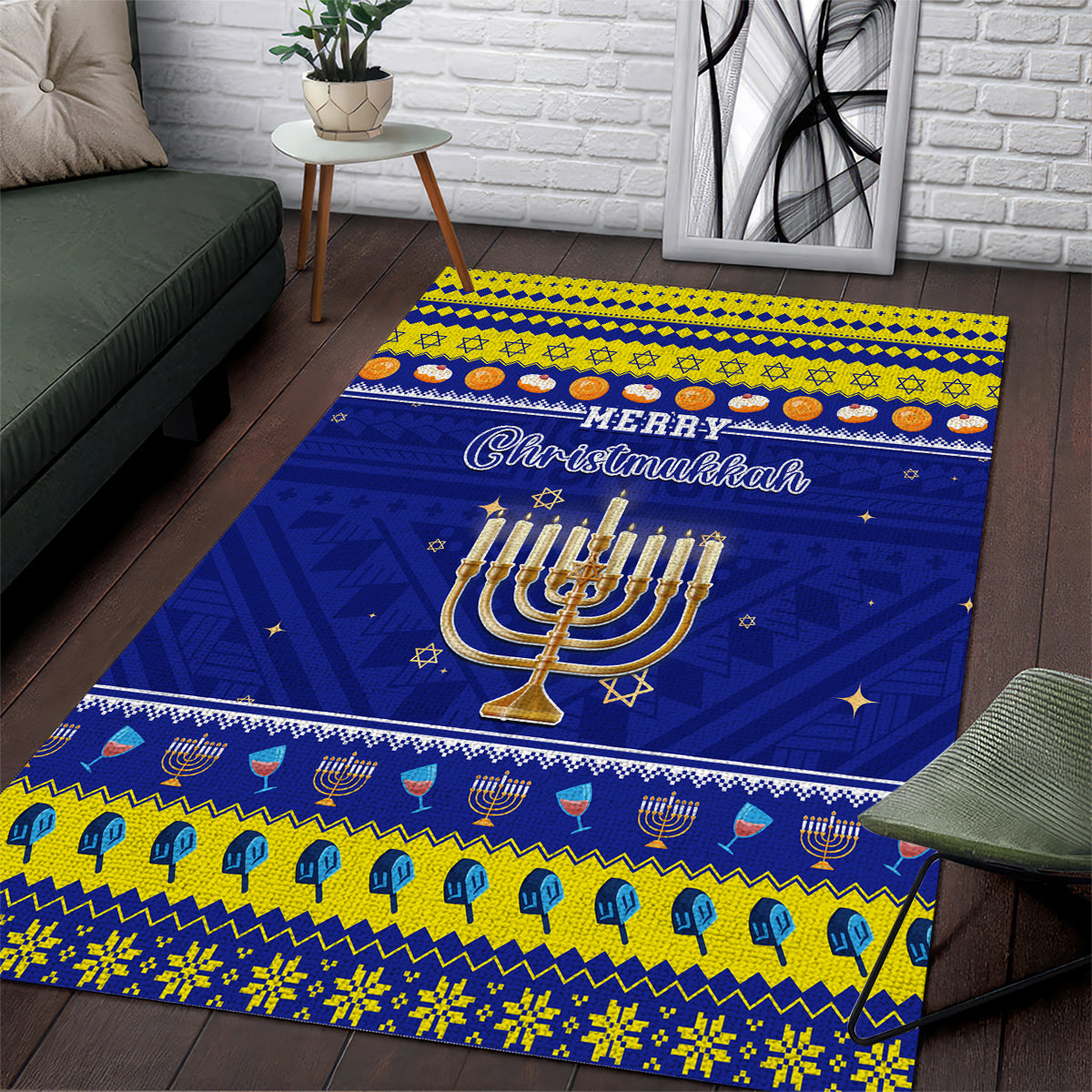 Polynesia Christmukkah Area Rug Menorah With Polynesian Tribal Pattern LT05 Blue - Polynesian Pride