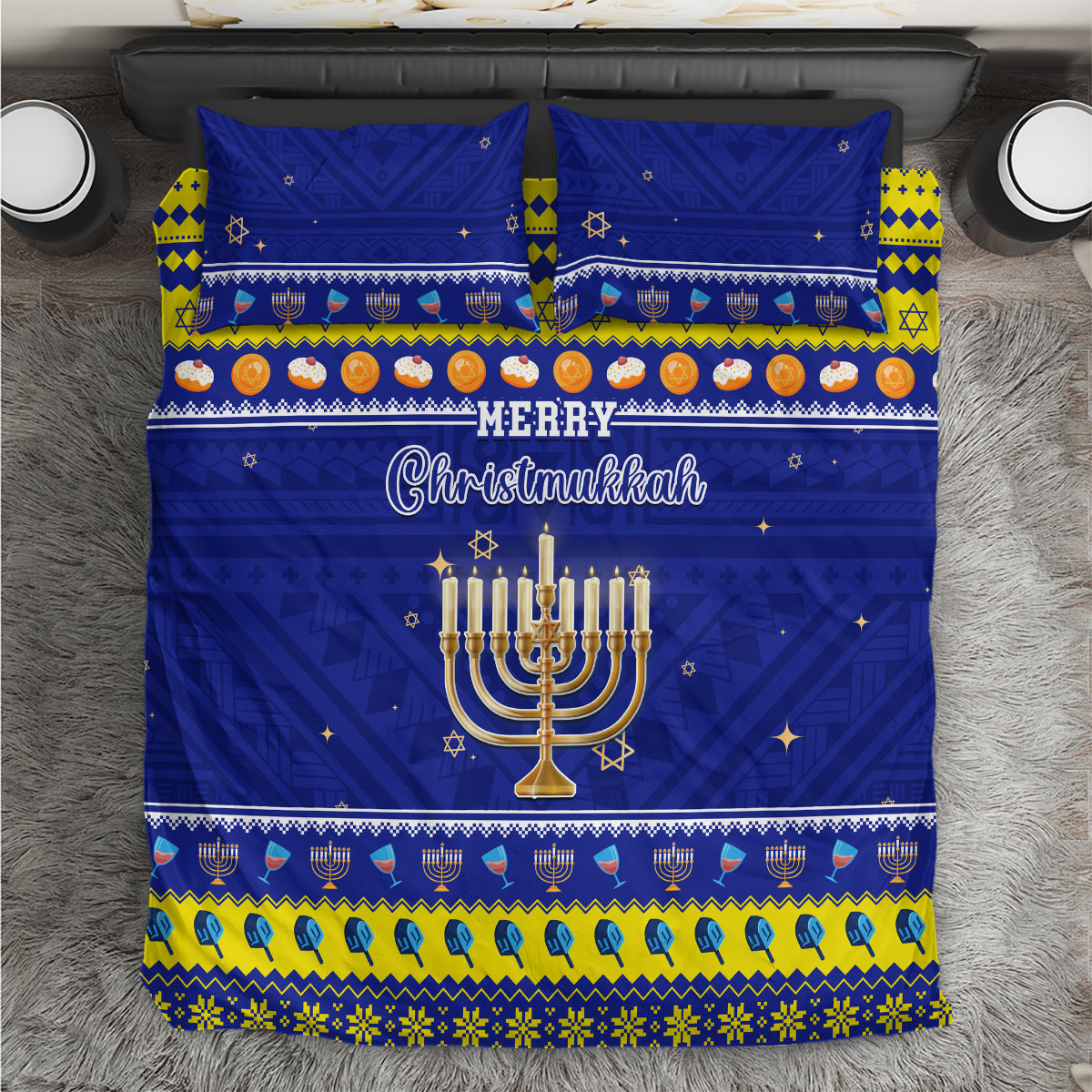 Polynesia Christmukkah Bedding Set Menorah With Polynesian Tribal Pattern LT05 Blue - Polynesian Pride