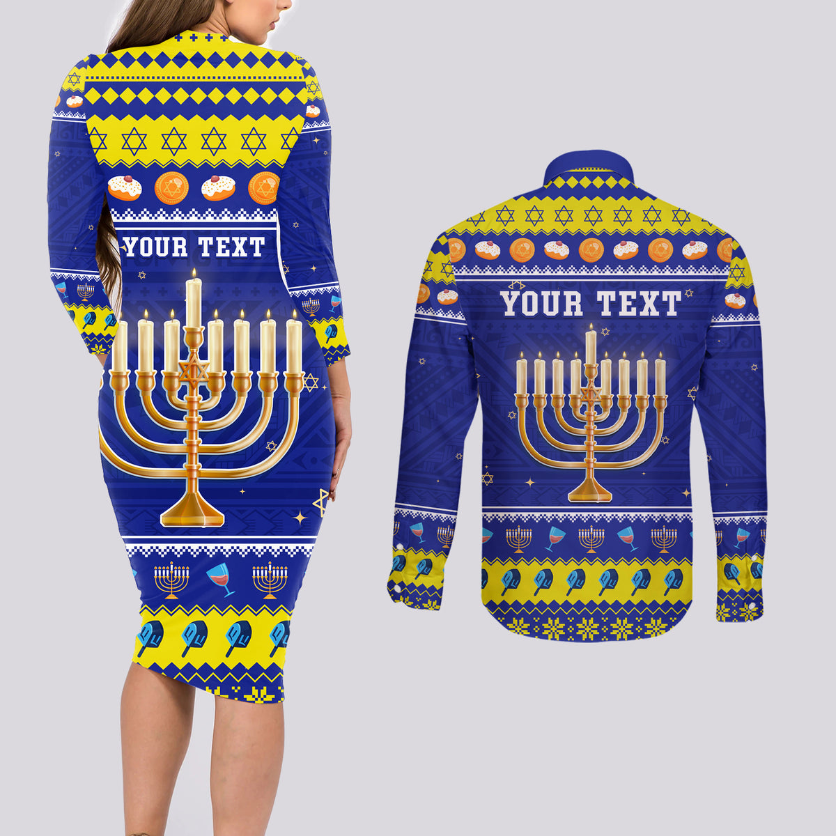 Personalised Polynesia Christmukkah Couples Matching Long Sleeve Bodycon Dress and Long Sleeve Button Shirt Menorah With Polynesian Tribal Pattern LT05 - Polynesian Pride