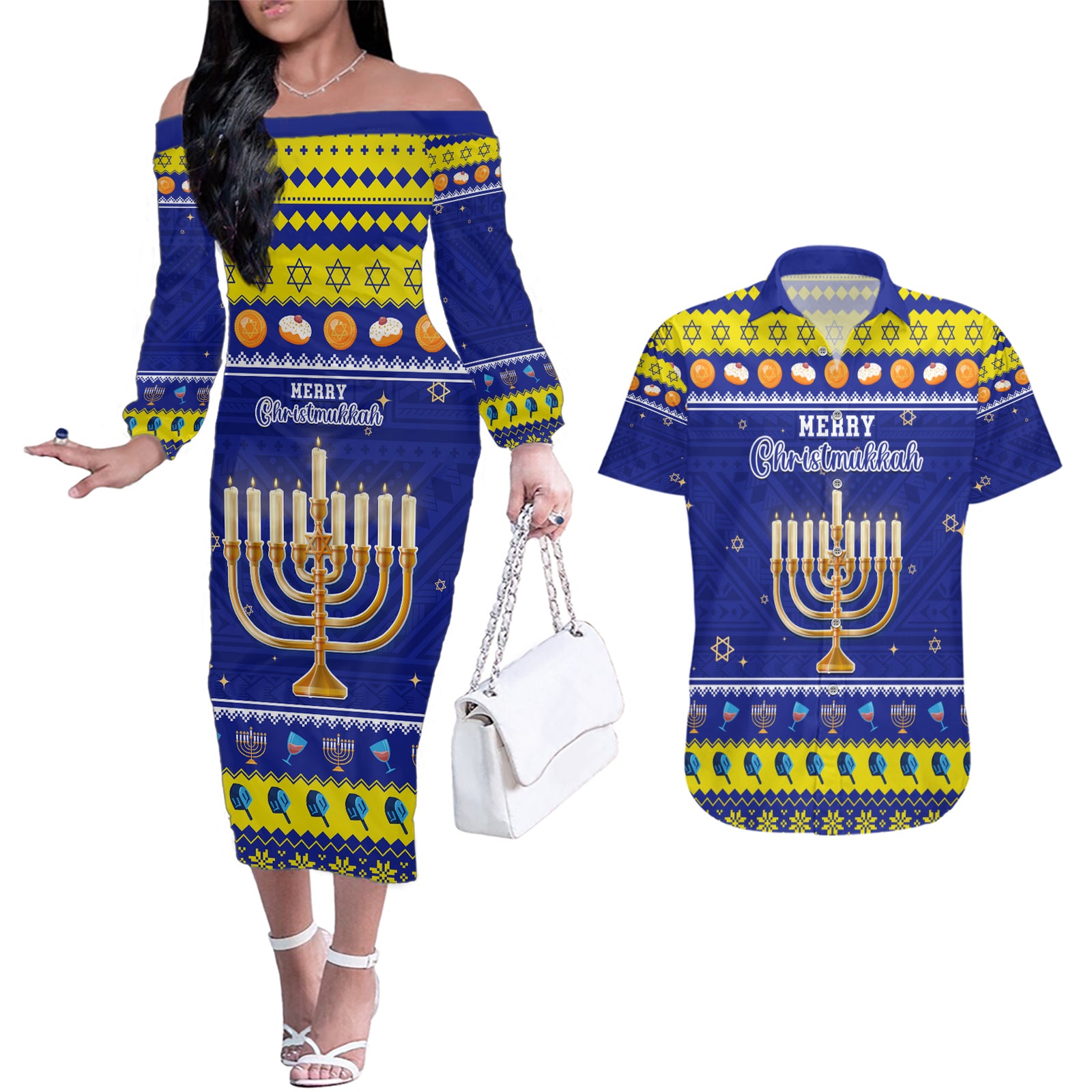 Personalised Polynesia Christmukkah Couples Matching Off The Shoulder Long Sleeve Dress and Hawaiian Shirt Menorah With Polynesian Tribal Pattern LT05 Blue - Polynesian Pride