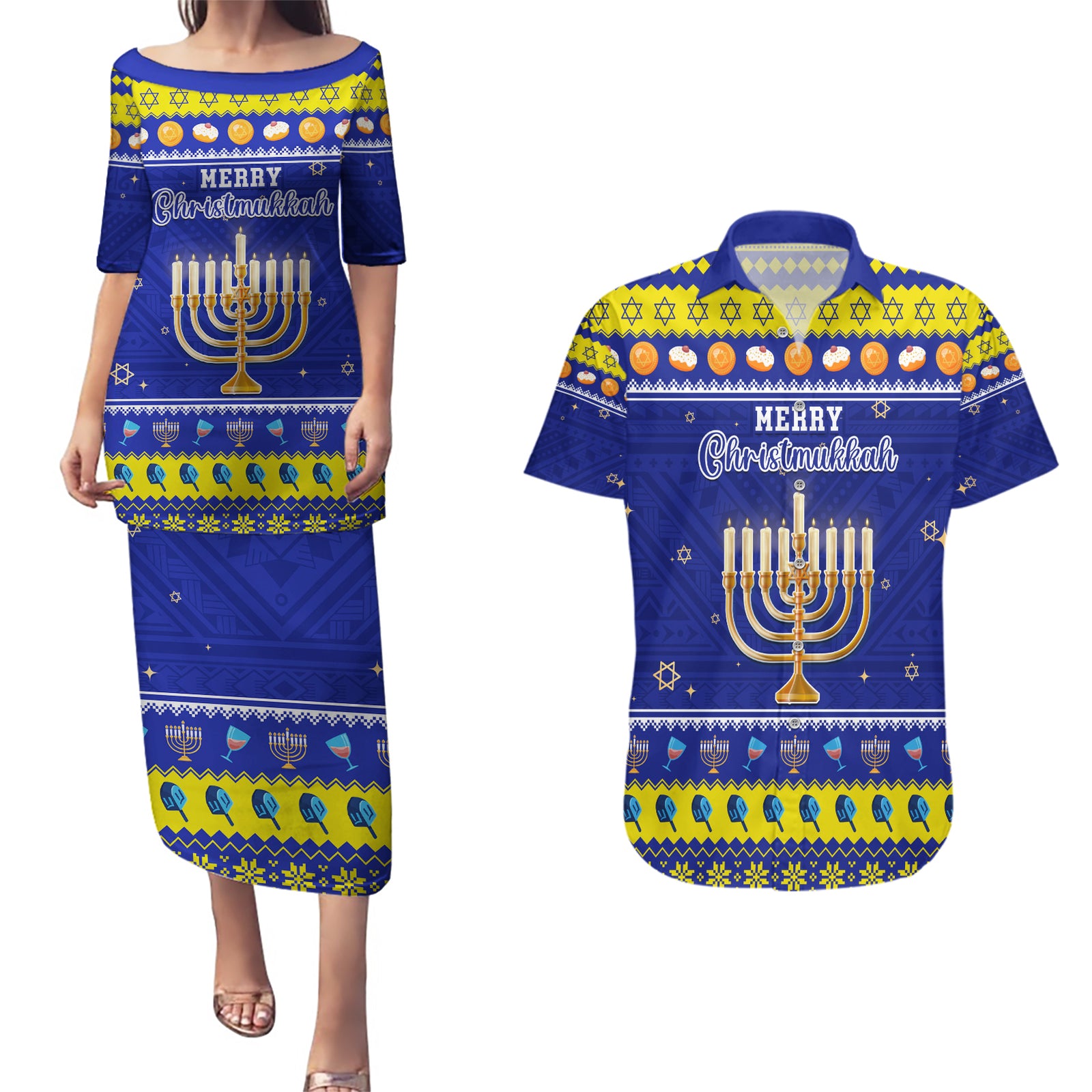 Personalised Polynesia Christmukkah Couples Matching Puletasi Dress and Hawaiian Shirt Menorah With Polynesian Tribal Pattern LT05 Blue - Polynesian Pride