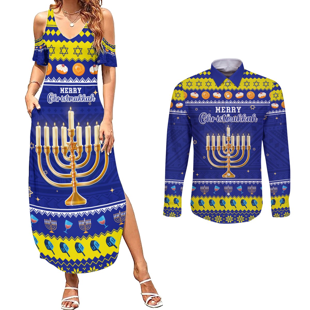 Personalised Polynesia Christmukkah Couples Matching Summer Maxi Dress and Long Sleeve Button Shirt Menorah With Polynesian Tribal Pattern LT05 Blue - Polynesian Pride