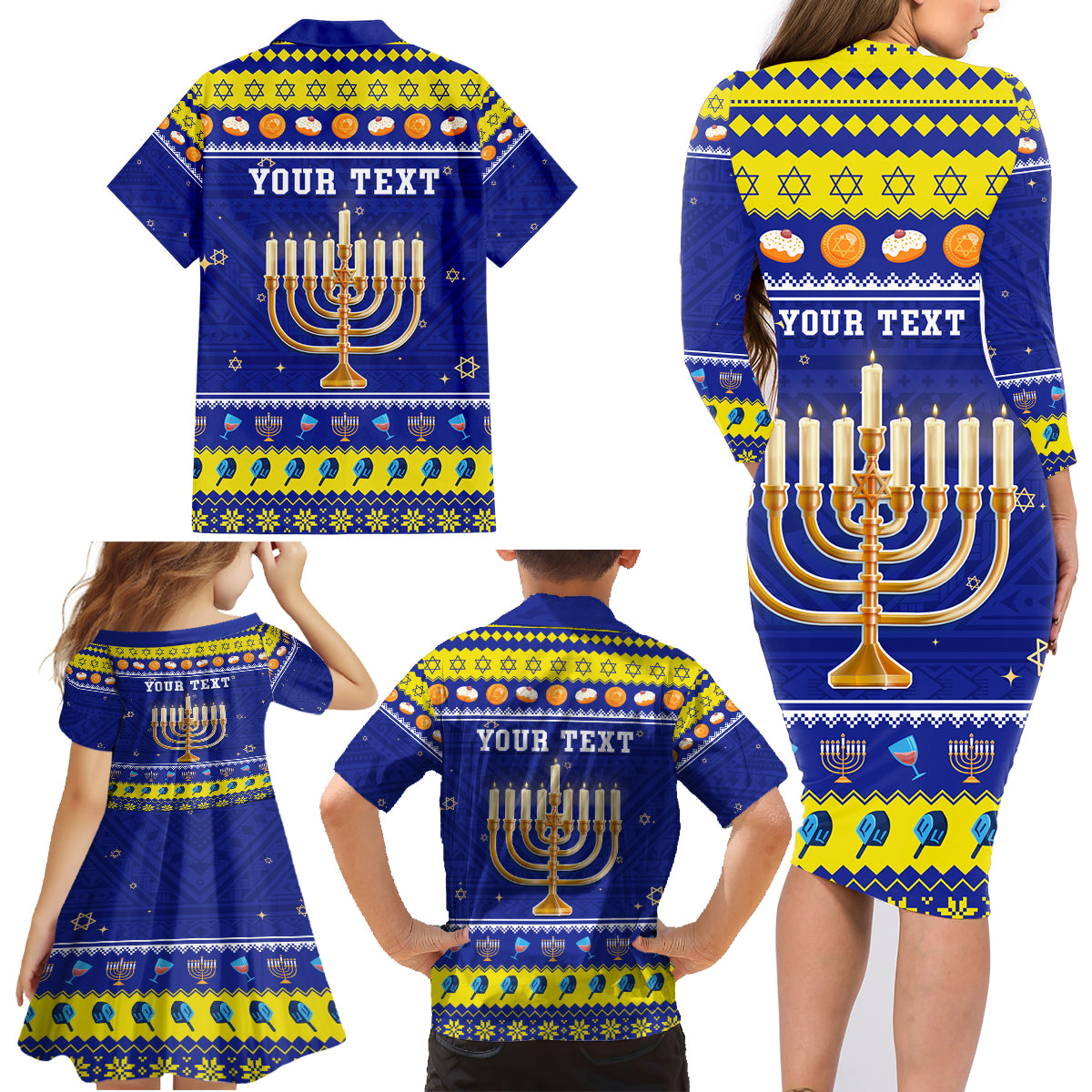 Personalised Polynesia Christmukkah Family Matching Long Sleeve Bodycon Dress and Hawaiian Shirt Menorah With Polynesian Tribal Pattern LT05 - Polynesian Pride