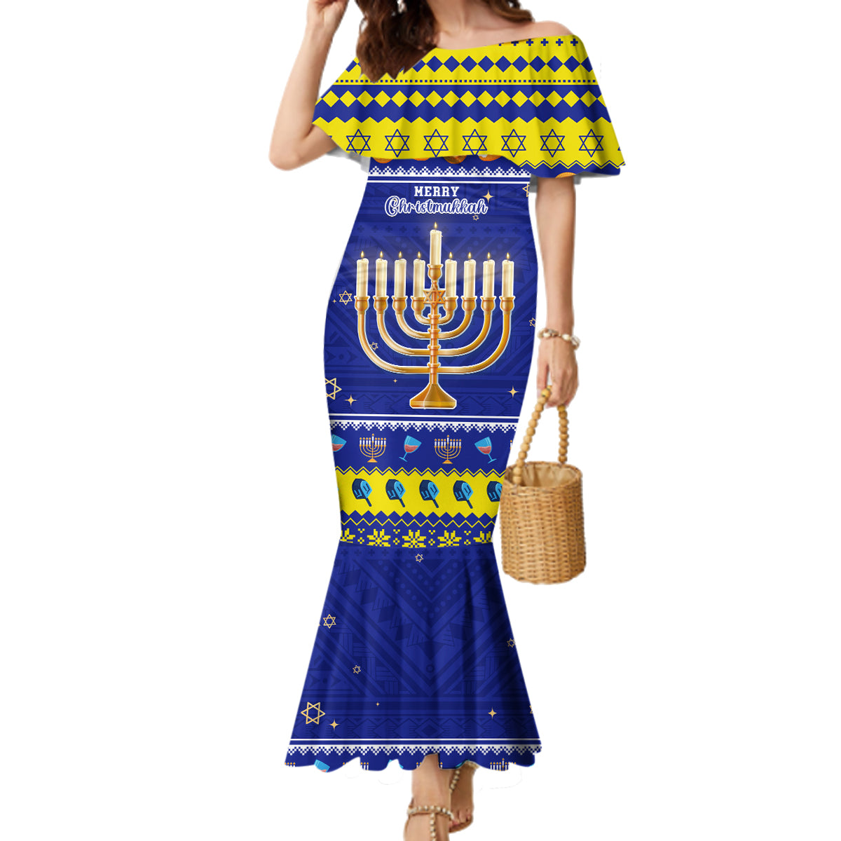 Personalised Polynesia Christmukkah Family Matching Mermaid Dress and Hawaiian Shirt Menorah With Polynesian Tribal Pattern LT05 Mom's Dress Blue - Polynesian Pride
