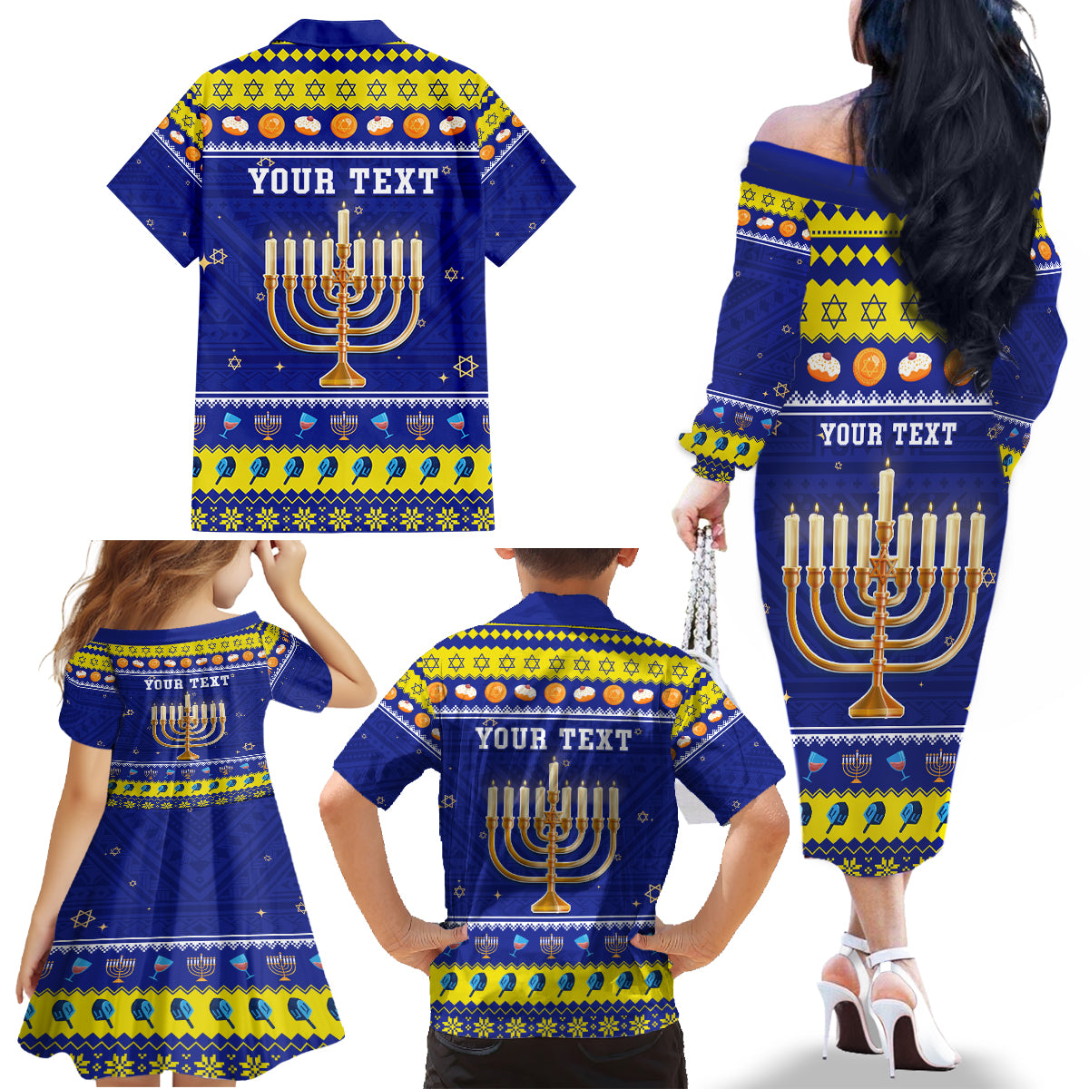 Personalised Polynesia Christmukkah Family Matching Off Shoulder Long Sleeve Dress and Hawaiian Shirt Menorah With Polynesian Tribal Pattern LT05 - Polynesian Pride