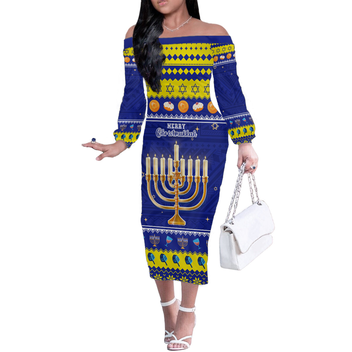 Personalised Polynesia Christmukkah Family Matching Off Shoulder Long Sleeve Dress and Hawaiian Shirt Menorah With Polynesian Tribal Pattern LT05 Mom's Dress Blue - Polynesian Pride