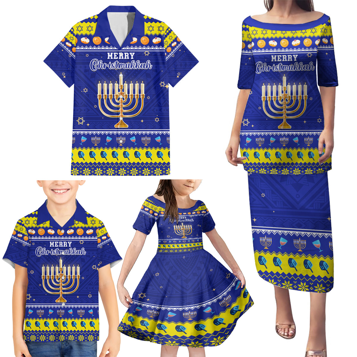 Personalised Polynesia Christmukkah Family Matching Puletasi Dress and Hawaiian Shirt Menorah With Polynesian Tribal Pattern LT05 - Polynesian Pride