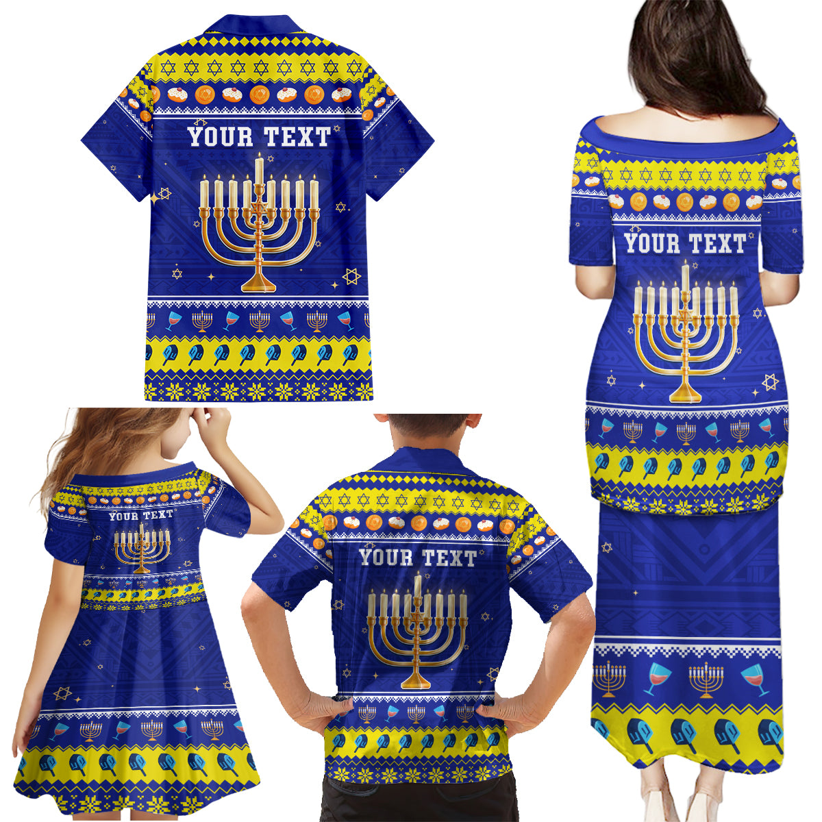 Personalised Polynesia Christmukkah Family Matching Puletasi Dress and Hawaiian Shirt Menorah With Polynesian Tribal Pattern LT05 - Polynesian Pride