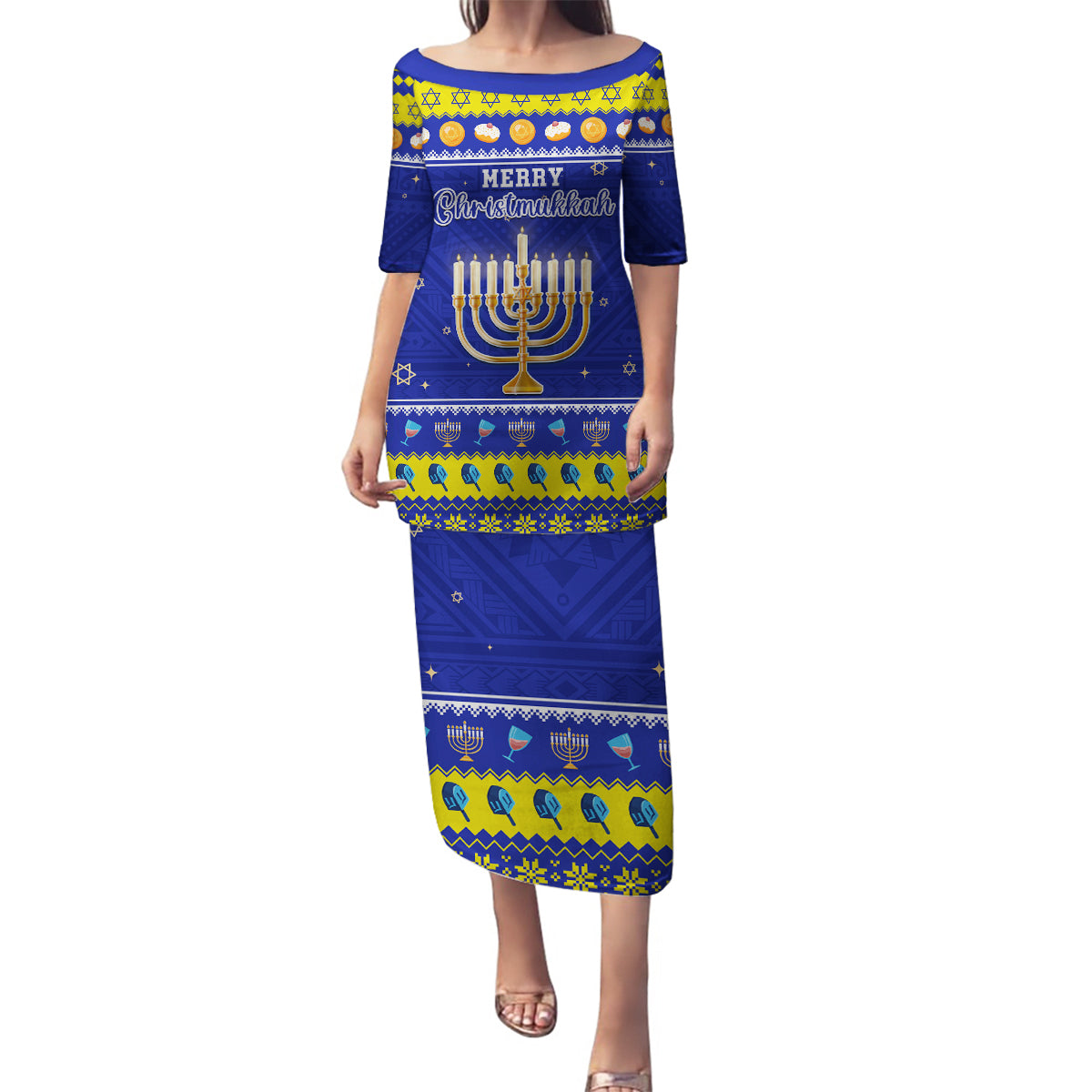 Personalised Polynesia Christmukkah Family Matching Puletasi Dress and Hawaiian Shirt Menorah With Polynesian Tribal Pattern LT05 Mom's Dress Blue - Polynesian Pride