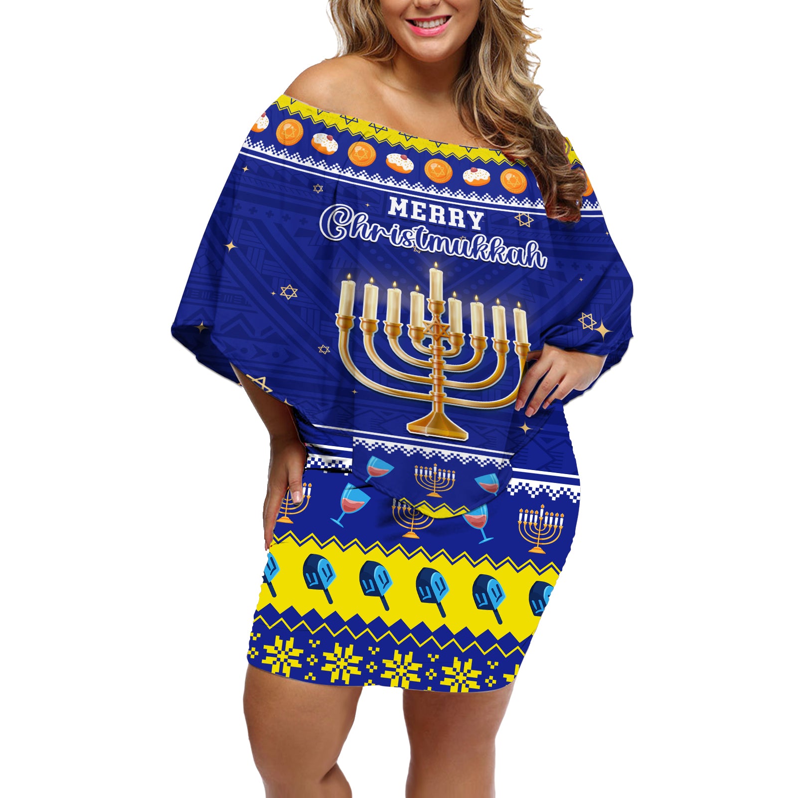 Personalised Polynesia Christmukkah Off Shoulder Short Dress Menorah With Polynesian Tribal Pattern LT05 Women Blue - Polynesian Pride