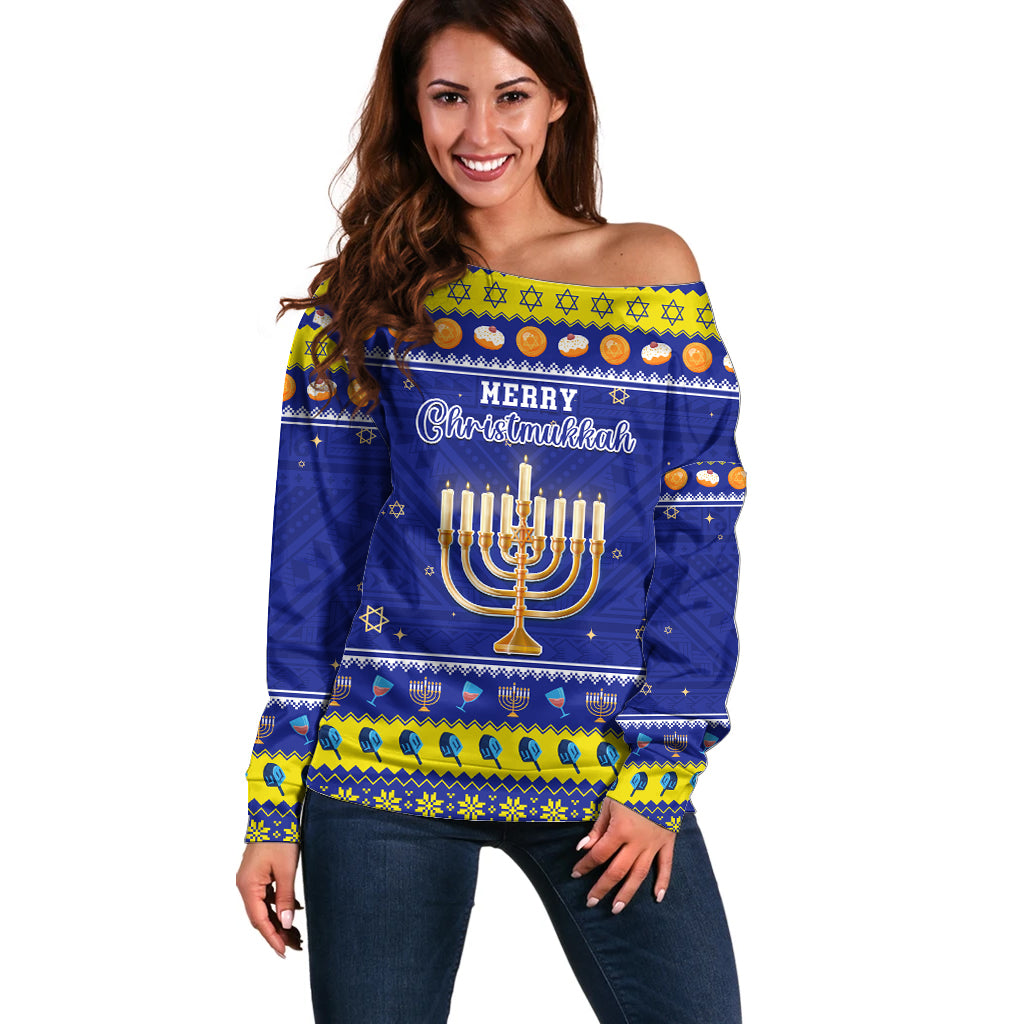 Personalised Polynesia Christmukkah Off Shoulder Sweater Menorah With Polynesian Tribal Pattern LT05 Women Blue - Polynesian Pride