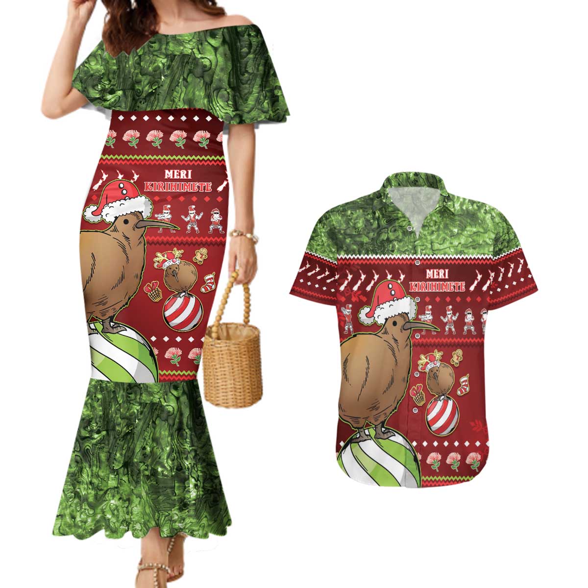 New Zealand Kiwi Christmas Couples Matching Mermaid Dress and Hawaiian Shirt Paua Shell Glitter Green LT05 Red - Polynesian Pride