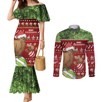 New Zealand Kiwi Christmas Couples Matching Mermaid Dress and Long Sleeve Button Shirt Paua Shell Glitter Green