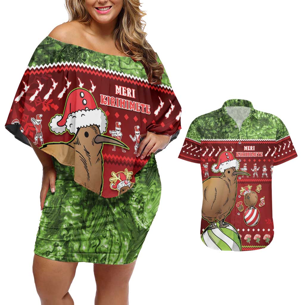 New Zealand Kiwi Christmas Couples Matching Off Shoulder Short Dress and Hawaiian Shirt Paua Shell Glitter Green LT05 Red - Polynesian Pride