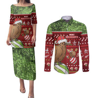 New Zealand Kiwi Christmas Couples Matching Puletasi and Long Sleeve Button Shirt Paua Shell Glitter Green