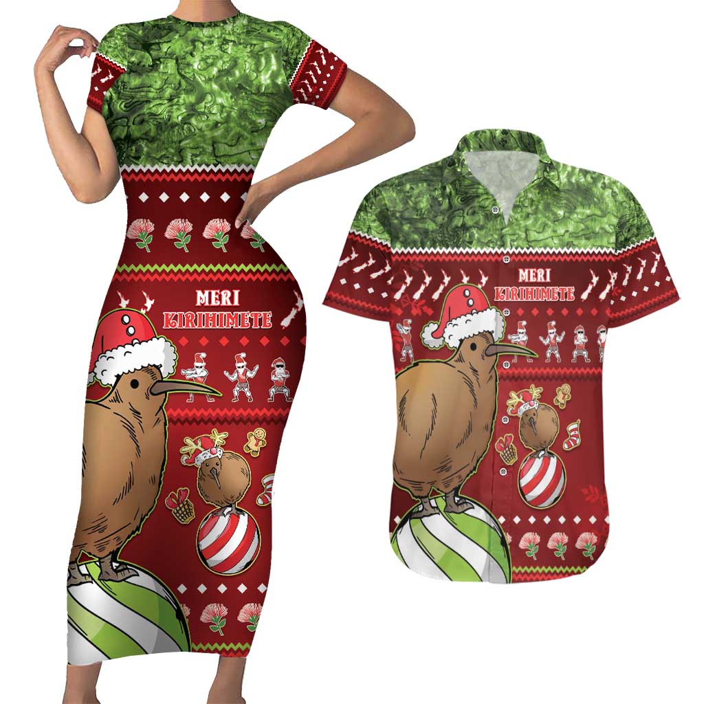 New Zealand Kiwi Christmas Couples Matching Short Sleeve Bodycon Dress and Hawaiian Shirt Paua Shell Glitter Green