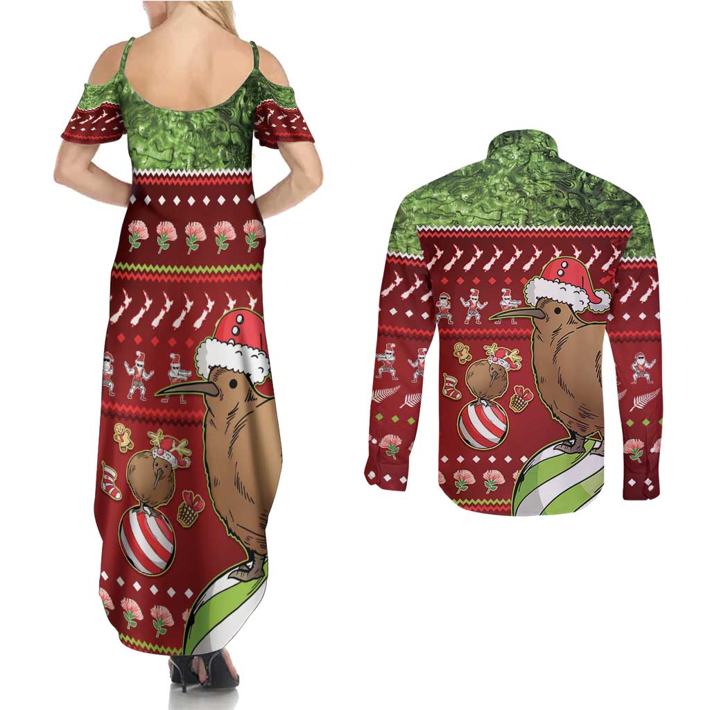 New Zealand Kiwi Christmas Couples Matching Summer Maxi Dress and Long Sleeve Button Shirt Paua Shell Glitter Green
