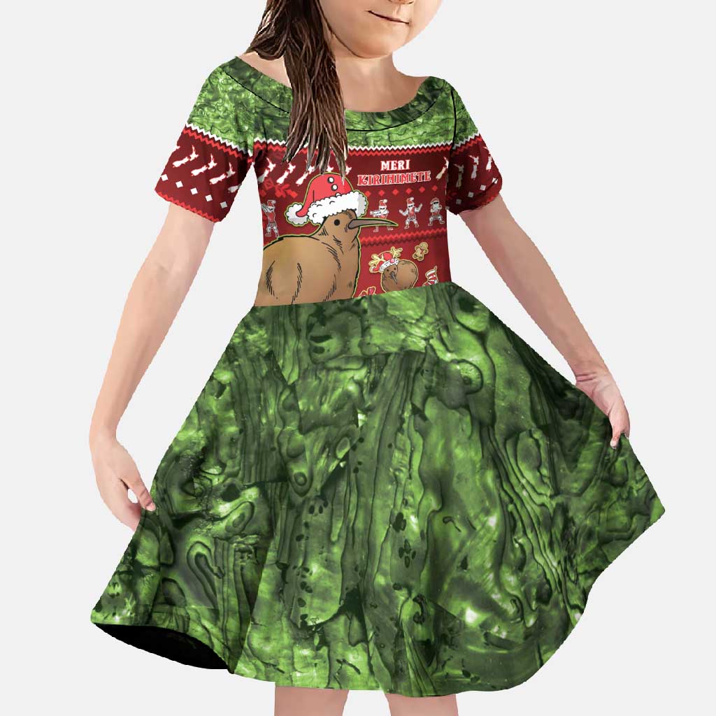 New Zealand Kiwi Christmas Family Matching Long Sleeve Bodycon Dress and Hawaiian Shirt Paua Shell Glitter Green LT05 Daughter's Dress Red - Polynesian Pride