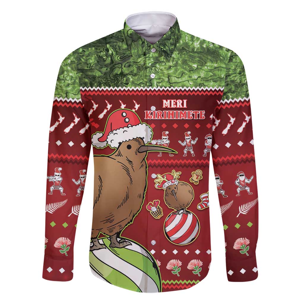 New Zealand Kiwi Christmas Family Matching Long Sleeve Bodycon Dress and Hawaiian Shirt Paua Shell Glitter Green LT05 Dad's Shirt - Long Sleeve Red - Polynesian Pride