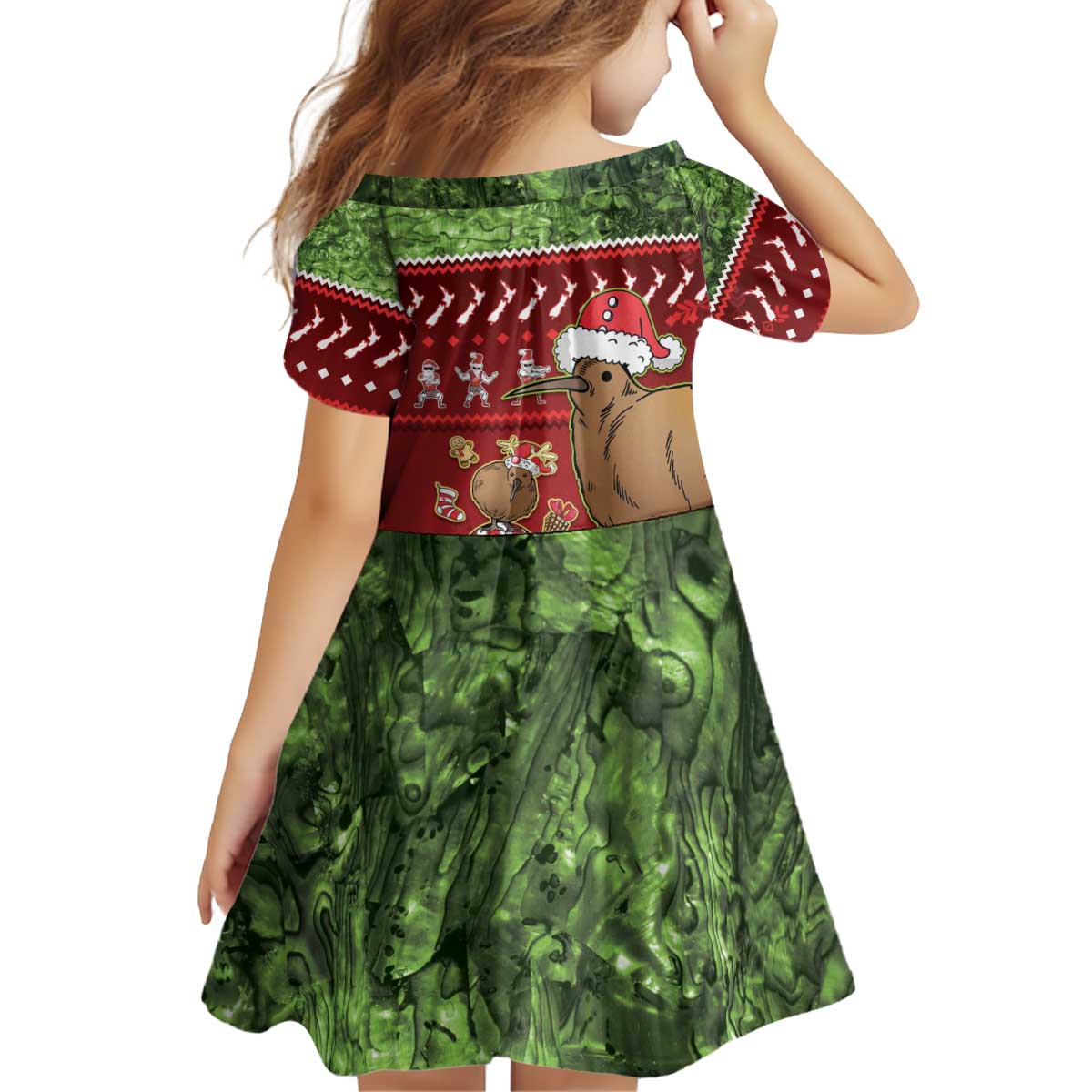 New Zealand Kiwi Christmas Kid Short Sleeve Dress Paua Shell Glitter Green