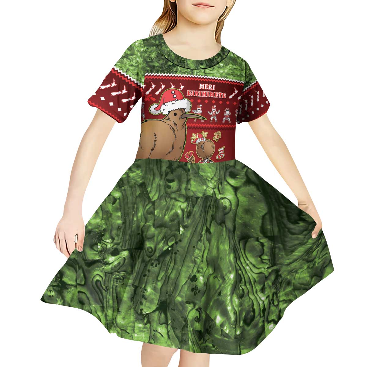 New Zealand Kiwi Christmas Kid Short Sleeve Dress Paua Shell Glitter Green
