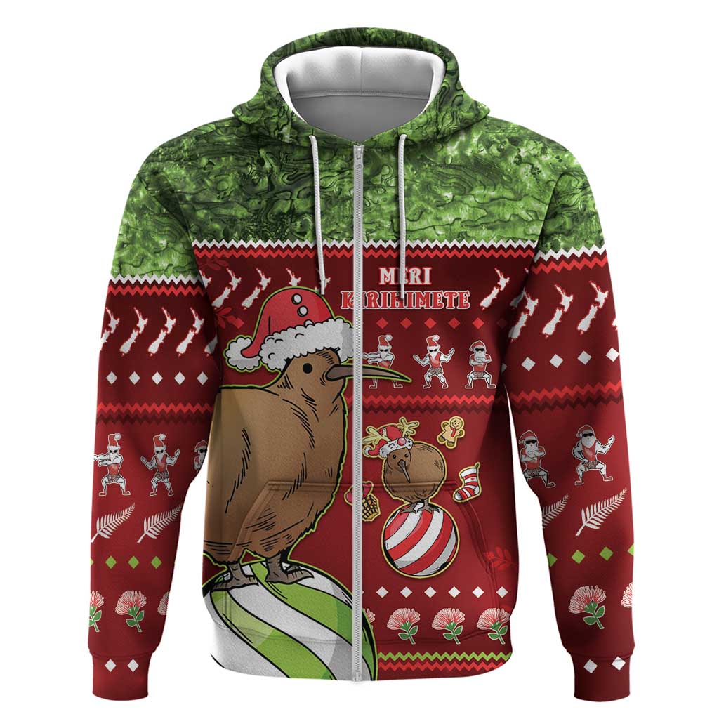 New Zealand Kiwi Christmas Zip Hoodie Paua Shell Glitter Green LT05 Zip Hoodie Red - Polynesian Pride