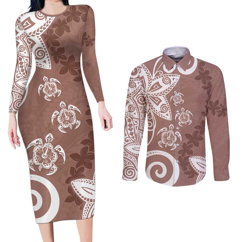 Polynesia Couples Matching Long Sleeve Bodycon Dress and Long Sleeve Button Shirt Brown Tribal Turtle Floral Pattern