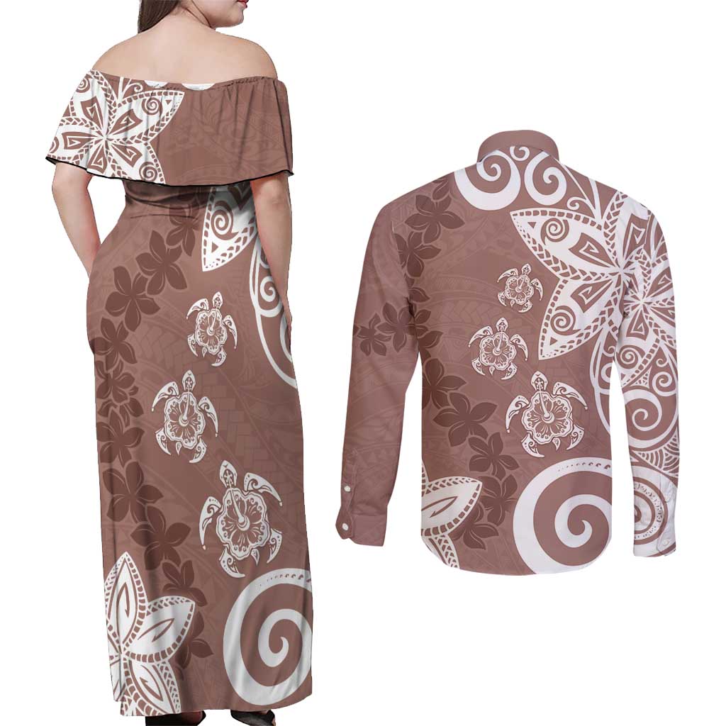 Polynesia Couples Matching Off Shoulder Maxi Dress and Long Sleeve Button Shirt Brown Tribal Turtle Floral Pattern