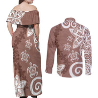 Polynesia Couples Matching Off Shoulder Maxi Dress and Long Sleeve Button Shirt Brown Tribal Turtle Floral Pattern