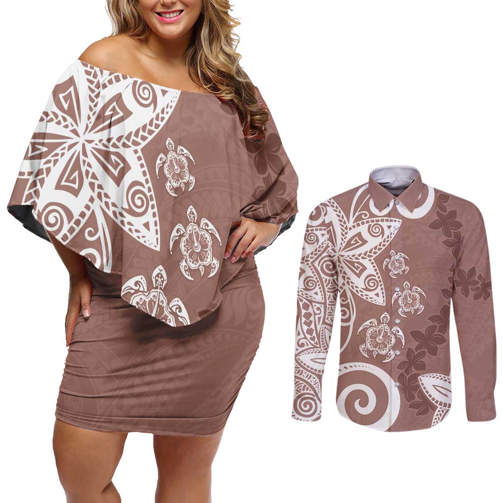 Polynesia Couples Matching Off Shoulder Short Dress and Long Sleeve Button Shirt Brown Tribal Turtle Floral Pattern