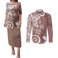 Polynesia Couples Matching Puletasi and Long Sleeve Button Shirt Brown Tribal Turtle Floral Pattern
