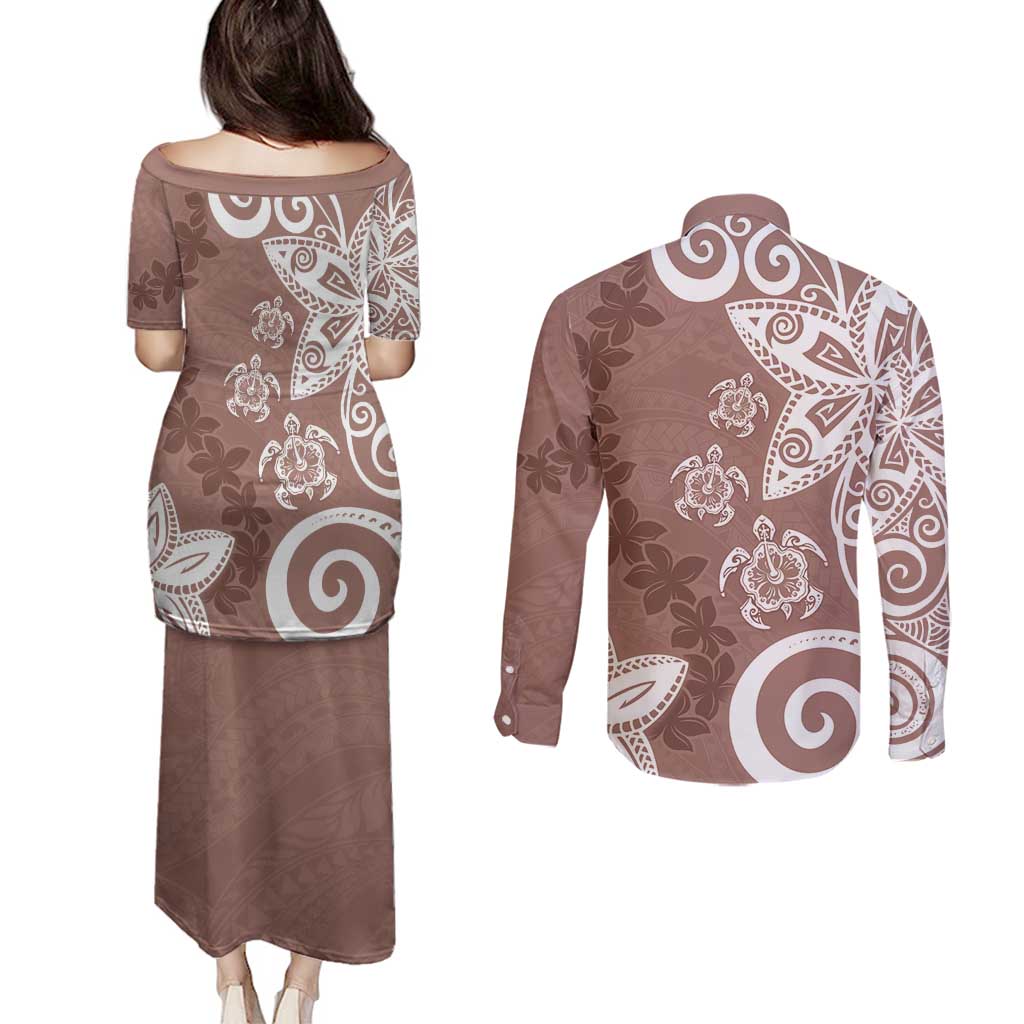 Polynesia Couples Matching Puletasi and Long Sleeve Button Shirt Brown Tribal Turtle Floral Pattern