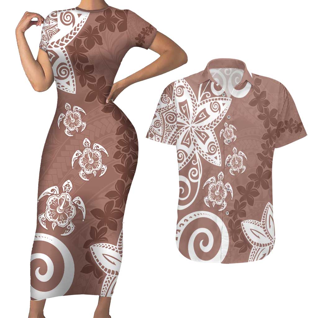 Polynesia Couples Matching Short Sleeve Bodycon Dress and Hawaiian Shirt Brown Tribal Turtle Floral Pattern