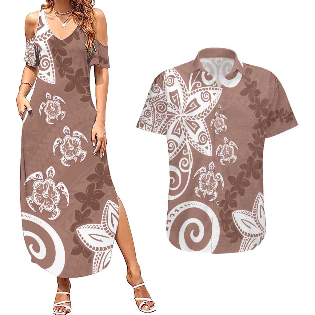 Polynesia Couples Matching Summer Maxi Dress and Hawaiian Shirt Brown Tribal Turtle Floral Pattern