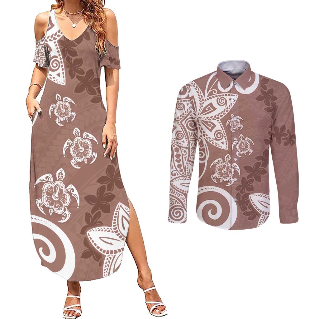 Polynesia Couples Matching Summer Maxi Dress and Long Sleeve Button Shirt Brown Tribal Turtle Floral Pattern