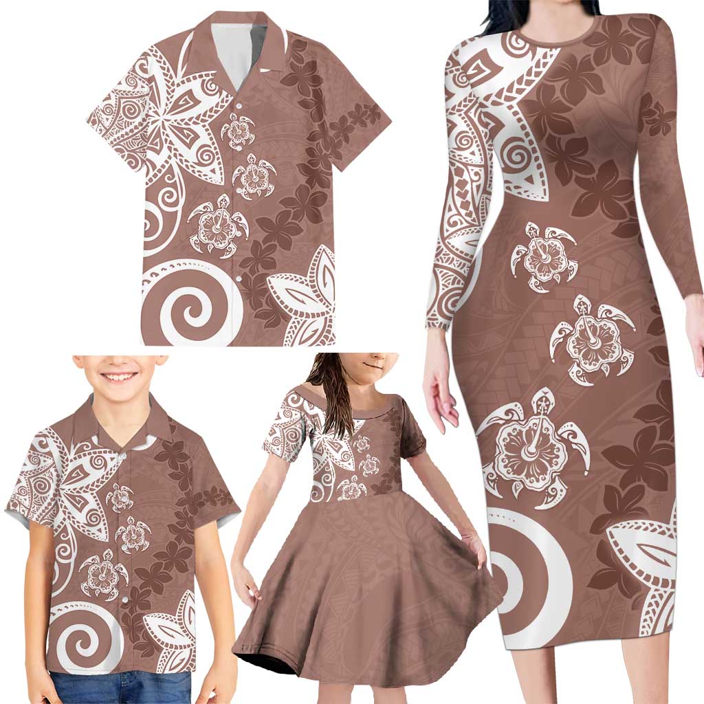 Polynesia Family Matching Long Sleeve Bodycon Dress and Hawaiian Shirt Brown Tribal Turtle Floral Pattern LT05 - Polynesian Pride