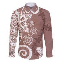 Polynesia Family Matching Long Sleeve Bodycon Dress and Hawaiian Shirt Brown Tribal Turtle Floral Pattern