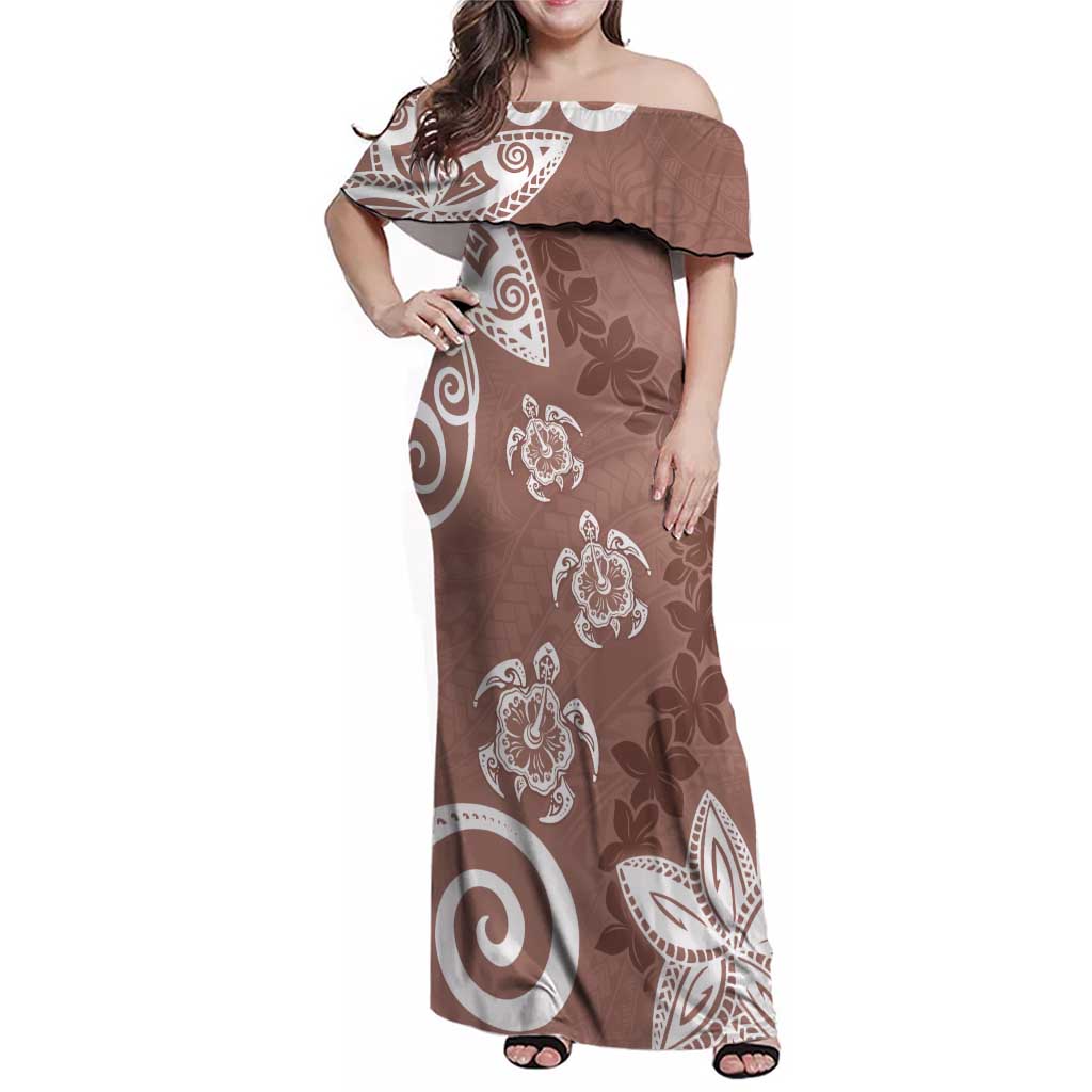 Polynesia Family Matching Off Shoulder Maxi Dress and Hawaiian Shirt Brown Tribal Turtle Floral Pattern