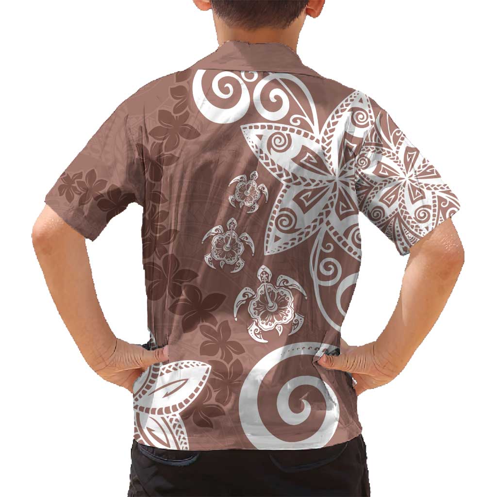 Polynesia Family Matching Off Shoulder Short Dress and Hawaiian Shirt Brown Tribal Turtle Floral Pattern