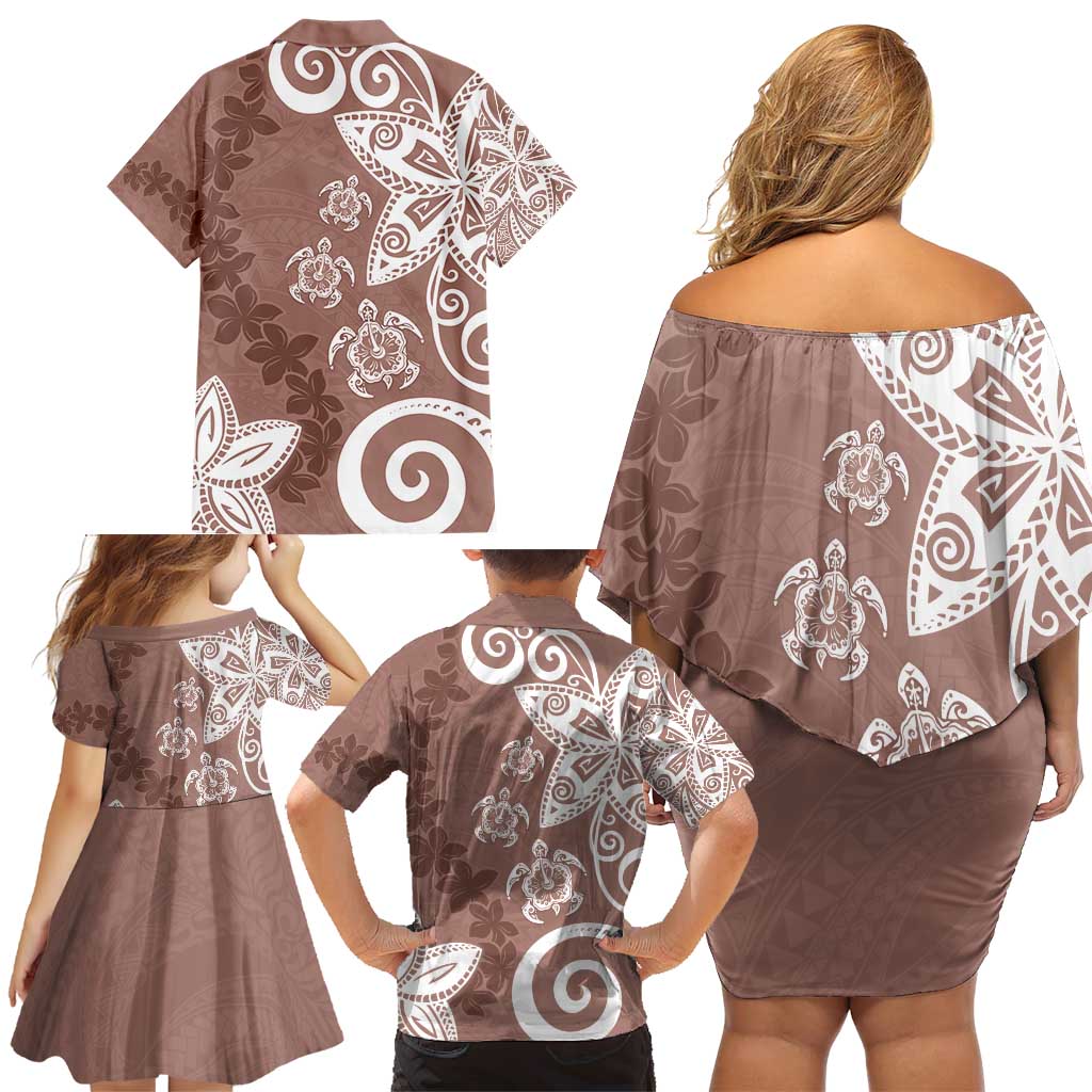 Polynesia Family Matching Off Shoulder Short Dress and Hawaiian Shirt Brown Tribal Turtle Floral Pattern